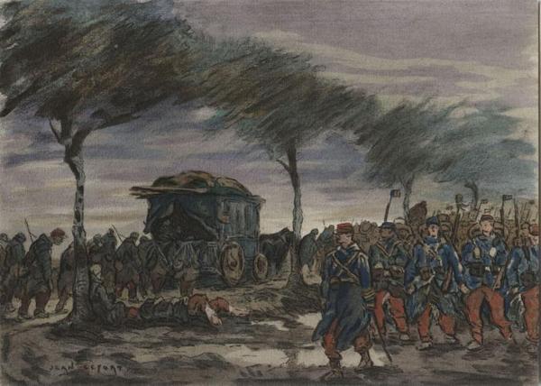 Jean Lefort, 1914-19.  Watercolor.  A steady march of French soldiers descend under a dark, threatening sky.