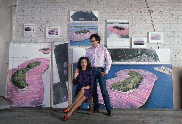 New York, 1981: Christo and Jeanne Claude in their studio before preparatory drawings for Surrounded Islands.  