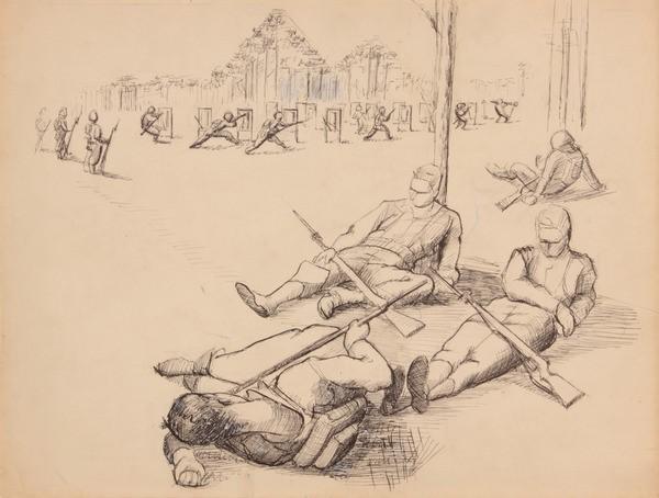 Philip Pearlstein, Soldiers Resting (study for bayonet practice), 1943, Pen and ink on paper, 10 5/8 x 13 9/10 in.  The Morgan Library & Museum.  © Philip Pearlstein