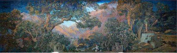 Mural, The Dream Garden, 1916.  Tiffany Studios.  In collaboration with Maxfield Parrish.  Glass mosaic.  Curtis Publishing Company Building, Philadelphia, Pennsylvania.  