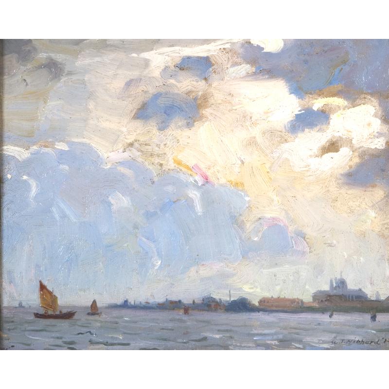 Aldro Thompson Hibbard.  "Venetian Sail", 1914.  Oil on artist board.  8 1/2 x 10 1/2.  Signed and dated lower right 