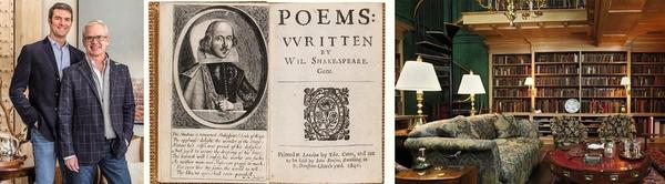 Klaus Baer and Rush Jenkins of WRJ Design (left) will create an auction exhibition for the rare book collection – including first Shakespeare poems (center) – from the estate of Robert S Pirie, recreating the spirit of Pirie’s collection and interiors (center and right images courtesy of Sotheby’s).