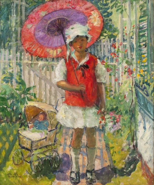 PAULINE PALMER (1867-1938) Girl with Red Parasol.  Oil on panel, 24 x 20 inches.  Signed lower left