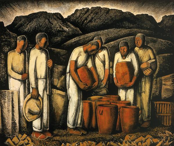 Alfredo Ramos Martínez, Six Potters (Seis alfareros), ca.  1935.  Gouache and Conté crayon on paper on wood.  Colección Pérez Simón, Mexico © Rafael Doniz.