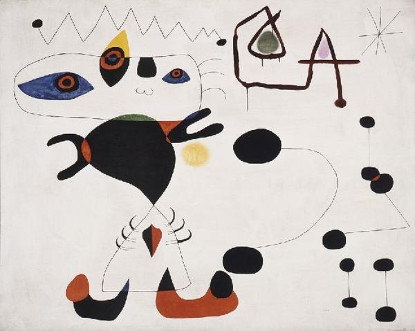 Woman in the Night by Joan Miro, 1945, Pulitzer Collection, Harvard Art Museum, Oil on canvas, 129.5 x 162.6 cm.  