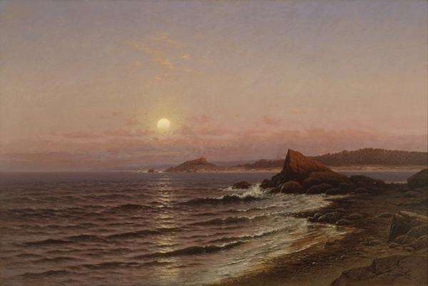 Raymond Dabb Yelland, Moonrise over Seacoast at Pacific Grove, 1886.  Oil on canvas, 40 x 60 in.  Collection of the Oakland Museum of California, Gift of the estate of Helen Hathaway White and the Oakland Museum Women’s Board