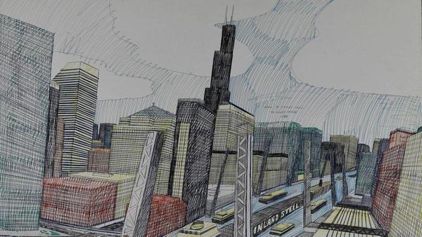 Wesley Willis' "The Chicago Skyline, Sears Tower, Chicago River...," 1986.