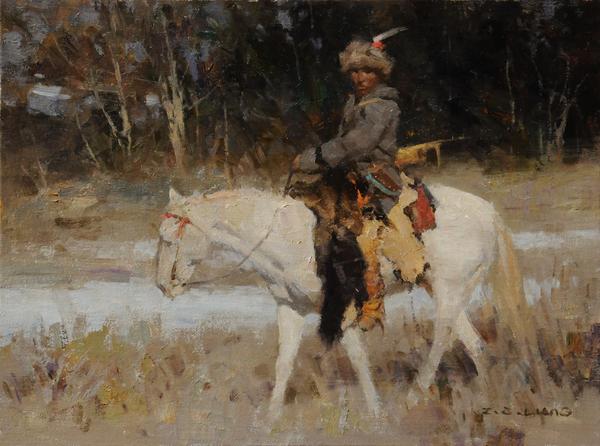 Z.S.  Liang, Siksika Hunter, oil on board, 9 x 12 in 