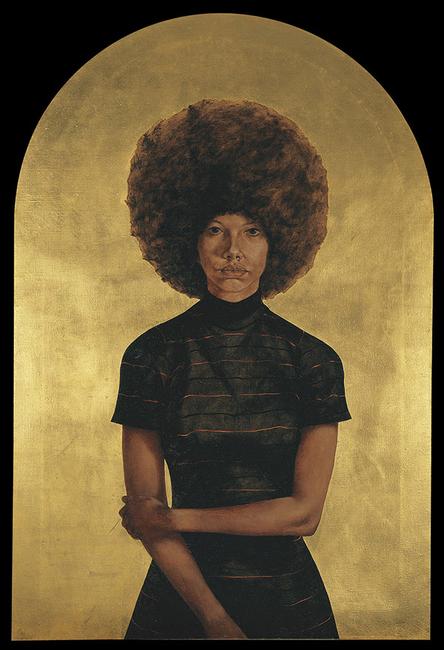 Barkley L.  Hendricks, Lawdy Mama, 1969 , Oil and gold leaf on canvas, 53 3/4 × 36 1/4 in.  The Studio Museum in Harlem; gift of Stuart Liebman, in memory of Joseph B.  Liebman 1983.25 © Estate of Barkley L.  Hendricks.  