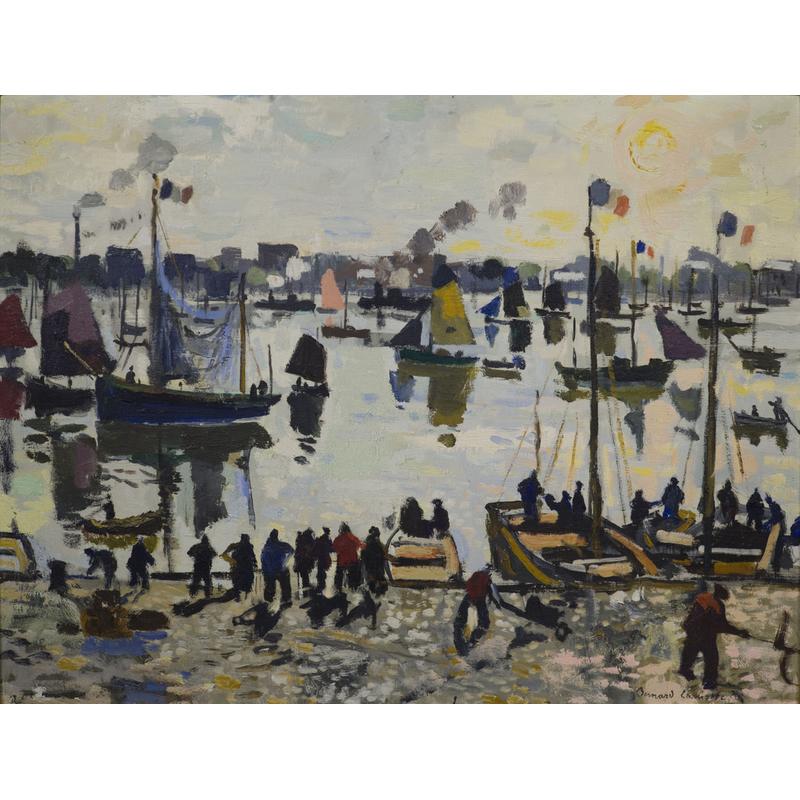 Bernard Lamotte (1903-1983) Figures and Boats in the Harbor.  Oil on canvas board 26 3/4 x 34 1/8 inches.  Signed lower right: Bernard Lamotte 