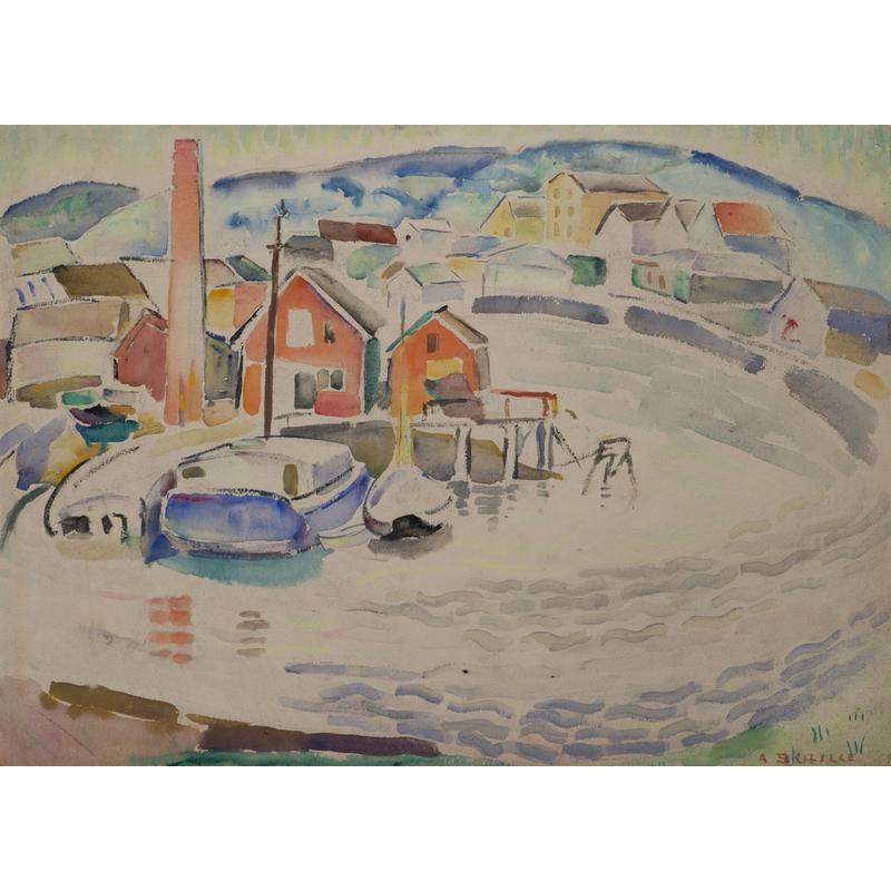 Alice Schille (1869-1955) Gloucester, Massachusetts.  Watercolor on paper, 15 x 20 inches.  Frame size: 24 1/4 x 28 3/8 inches.  Signed lower right: A.  Schille 