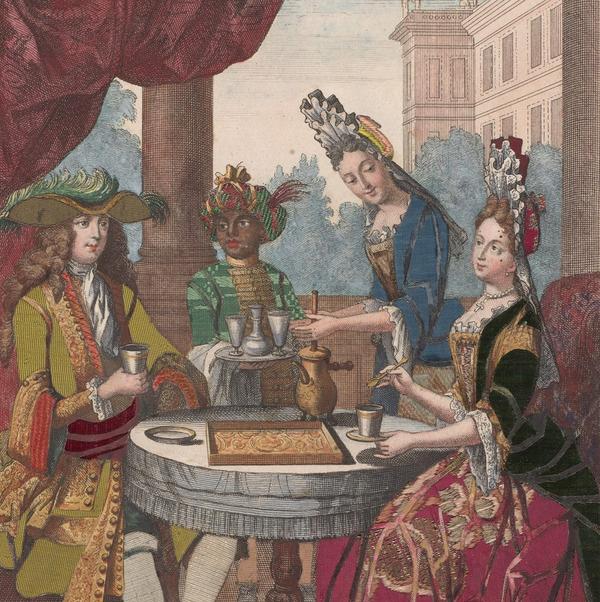 DETAIL: "Un cavallier, et une dame beuvant du chocolat," Robert Bonnart, 1690-1710, hand-colored engraving faced on reverse with fabrics.  The Morgan Library & Museum, New York