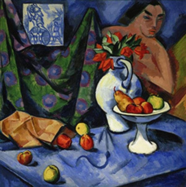 Max Pechstein (German, 1881-1955), Stilleben mit Akt, Kachel und Früchten (Still Life with Nude, Tile and Fruit), 1912-1913, oil on canvas, 38 7/8 x 39 in., Currier Museum of Art, Manchester, New Hampshire.  Museum Purchase: The Henry Melville Fuller Acquisition Fund in honor of Susan E.  Strickler, Director of the Currier Museum of Art, 1996-2016.  2016.8.  © 2016 Artists Rights Society (ARS), New York / Pechstein Hamburg / Tökendorf / VG Bild-Kunst, Bonn.  