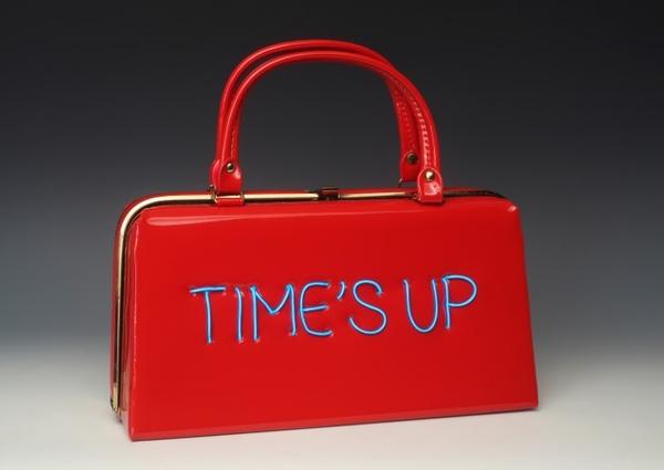 Michele Pred, Power of the Purse: Time's Up/ Equal Pay , 2018, vintage purse with electroluminescent wire, 11 x 12 x 4 inches