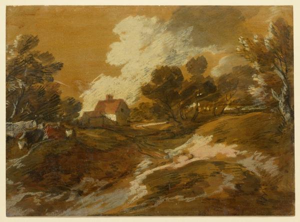 Thomas Gainsborough (English, 1727–1788) Wooded Landscape with a Cottage and Cows, mid-1770s.  Black chalk, watercolor and gouache on paper, 8 7/16 x 11 9/16 in.  Clark Art Institute, Gift of the Manton Art Foundation in memory of Sir Edwin and Lady Manton, 2007.8.68 