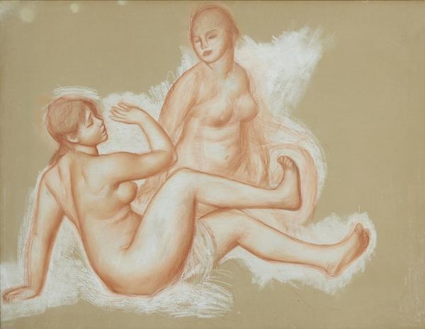 Pierre-Auguste Renoir (1841-1919), Bathers, 1884-85, red and white chalk, with smudging and blending on wove paper lined to canvas.  The Morgan Library & Museum, Bequest of Drue Heinz, 2018.71.  