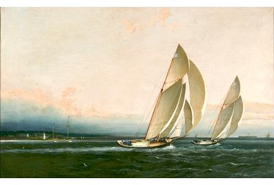 James Buttersworth (1817-1894) Yachts Racing, ca.  1860.  Oil on canvas, 14 x 22 inches Signed lower right 