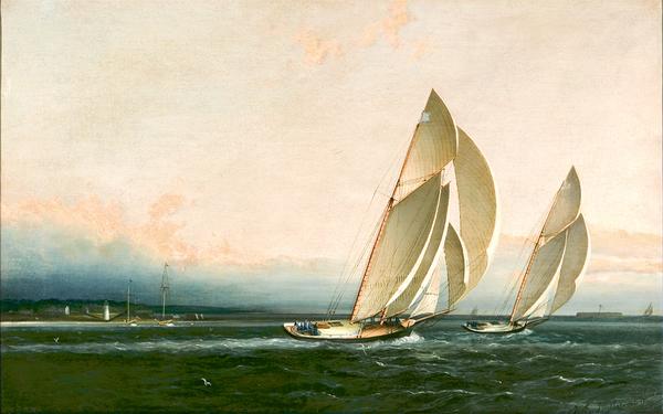 James Buttersworth (1817-1894) Yachts Racing, ca.  1860.  Oil on canvas, 14 x 22 inches Signed lower right 