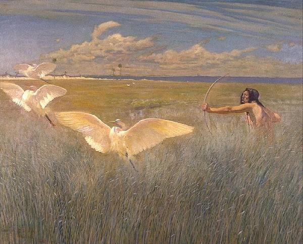 George de Forest Brush, Indian Hunting Cranes in Florida, 1887, oil on canvas.  Jordan Schnitzer Museum of Art, University of Oregon, gift of Mr.  and Mrs.  Harold F.  Wendel.  