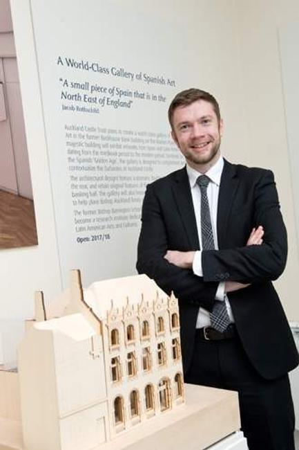 Dr Chris Ferguson, Auckland Castle's head curator, and maquette of the Spanish Institute, Future Plans Exhibition, 2015.  