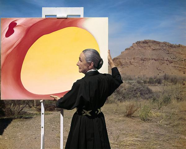 Tony Vaccaro, Georgia O’Keeffe with “Pelvis Series, Red with Yellow” and the desert, 1960.  Georgia O’Keeffe Museum.  Courtesy of Tony Vaccaro studio.