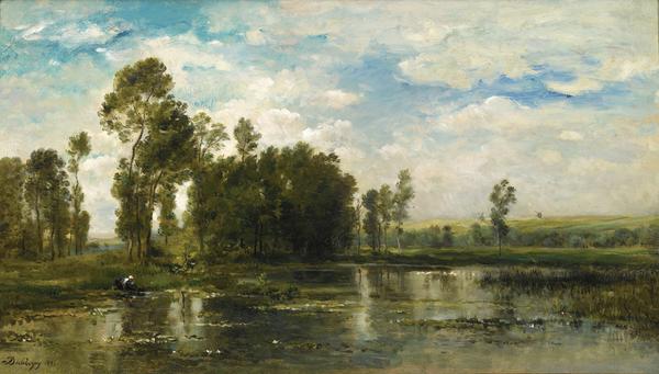 CHARLES FRANÇOIS DAUBIGNY, French, 1817-1878, A Summer Day (Jour d’Été), 1871, signed and dated lower left, Oil on panel, 15 3/8 x 26 7/8 in.  