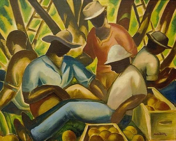 Jules André Smith, Citrus Pickers, c.  1940, oil on Masonite.  Collection of the Maitland Art Center, ©Maitland Art Center.  