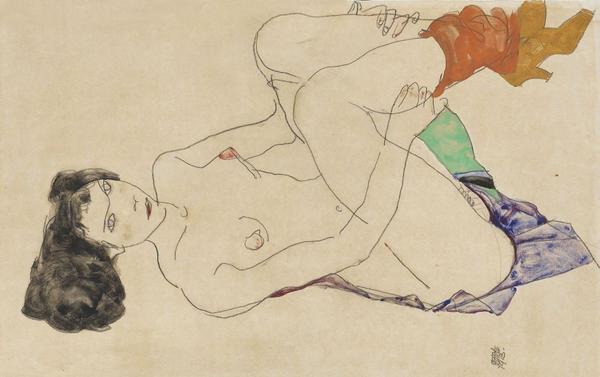 Egon Schiele, Liegender weiblicher Akt mit angezogenen Beinen.  Gouache, watercolor and pencil, 1913.  32 x 48.3 cm (12.5 x 19 in) Estimate: € 300.000-400.000 