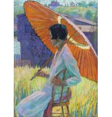 GRACE COCHRANE SANGER (b.  1881) Woman with Red Parasol.  Oil on board, 16 x 12 inches.  Signed on verso.