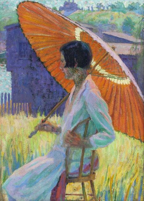 GRACE COCHRANE SANGER (b.  1881) Woman with Red Parasol.  Oil on board, 16 x 12 inches.  Signed on verso.