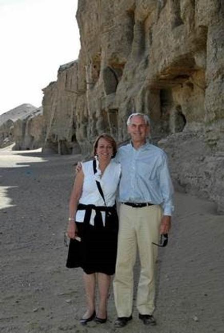 John and Louise Bryson at the Mogao Grottoes, the site of a Getty Conservation Institute project, in 2008.