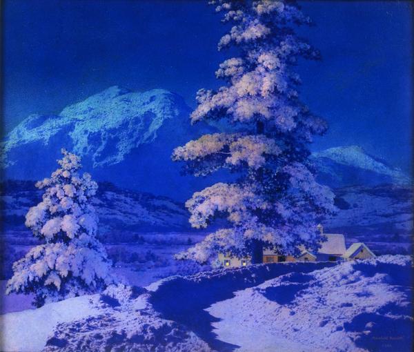 Maxfield Parrish (1870-1966), Moonlight – Deep Snow, 1944, oil on panel, 13 1/2” x 15 1/2”, signed lower right, (c) Copyright 2015 National Museum of American Illustration, Newport, RI, Photos courtesy Archives of American Illustrators Gallery, New York, NY