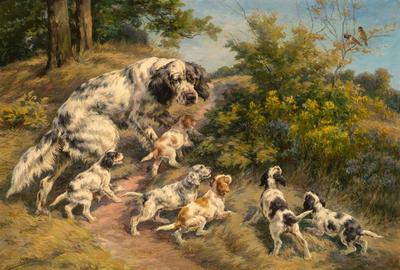 Edmund Henry Osthaus (American, 1858-1928), The First Lesson - A Setter and Her Six Pups.  Est.  $30,000-50,000.