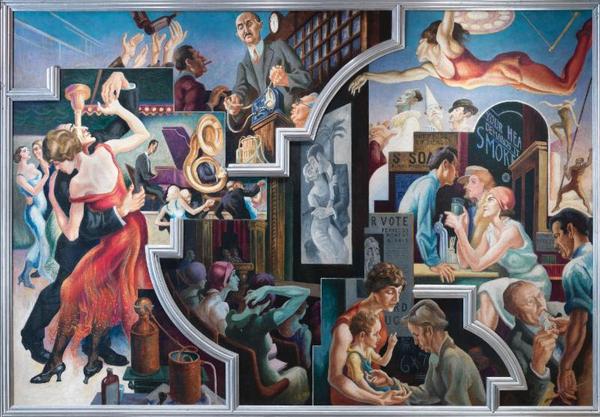 Thomas Hart Benton (1889-1975) City Activities with Dancehall from America Today, 1930-31.  Mural cycle consisting of ten panels.  Egg tempera with oil glazing over Permalba on a gesso ground on linen mounted to wood panels with a honeycomb interior.  The Metropolitan Museum of Art, Gift of AXA Equitable, 2012