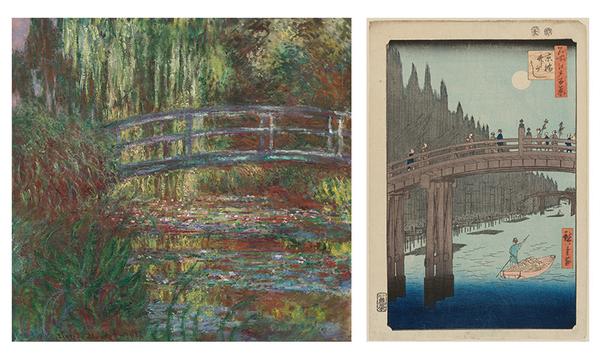 Left: The water lily pond, 1900, by Claude Monet (French, 1840–1926).  Oil on canvas.  Museum of Fine Arts, Boston, Given in memory of Governor Alvan T.  Fuller by the Fuller Foundation, 61.959.  Photograph © 2015, MFA, Boston.  Right: Bamboo Yards, Kyobashi Bridge, from the series One Hundred Famous Views of Edo, 1857, by Utagawa Hiroshige (Japanese, 1797–1858).  Woodblock print; ink and color on paper.  Museum of Fine Arts, Boston, William Sturgis Bigelow Collection, 11.26350.  Photograph © 20