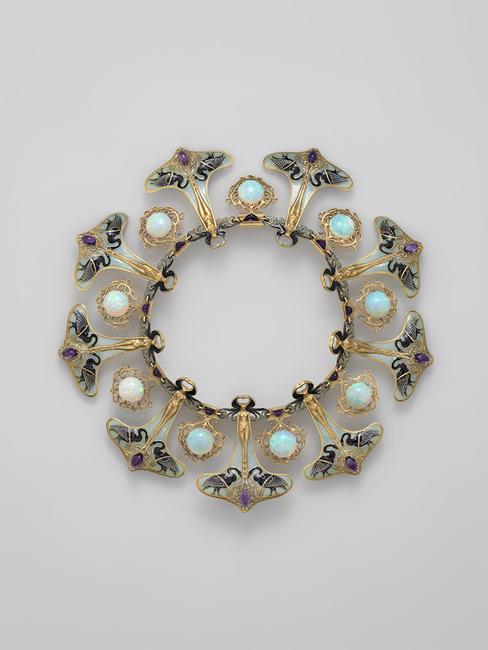 René-Jules Lalique (French, 1860–1945).  Necklace, ca.  1897–99.  Gold, enamel, opals, amethysts, overall diam.  9 1/2 in.  (24.1 cm).  The Metropolitan Museum of Art, New York, Gift of Lillian Nassau, 1985 (1985.114)