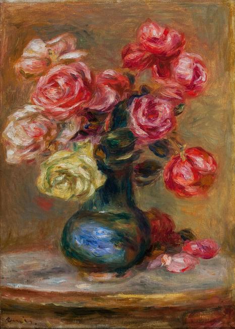 PIERRE-AUGUSTE RENOIR (French, 1841-1919) Le Bouquet, 1910.  Oil on canvas.  17 x 12-1/2 inches (43.2 x 31.8 cm).  Signed lower left: Renoir.  Two paste-down labels on stretcher bars bearing stock numbers: no.  4367 and no.  10401.