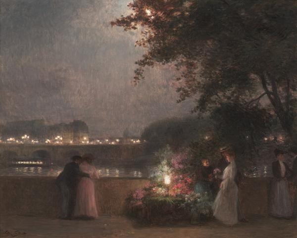 Victor Gilbert, "Marche Aux Fleurs Pont Neuf" oil painting on canvas.  Canvas: 29"H x 36.25"W'; Frame: 42''H x 49.5''W.  Signed lower left, "Victor Gilbert".  Estimate: $100,000-$120,000.00