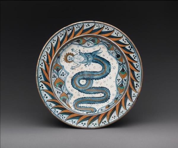 Plate with the Visconti arms, ca.  1480-1500.  Italian, probably Deruta.  Maiolica (tin-glazed earthenware); Overall (confirmed): H.  3 5/16 x Diam.  15 in.  (8.4 x 38.1 cm).  The Metropolitan Museum of Art, New York, Fletcher Fund, 1946 (46.85.16)