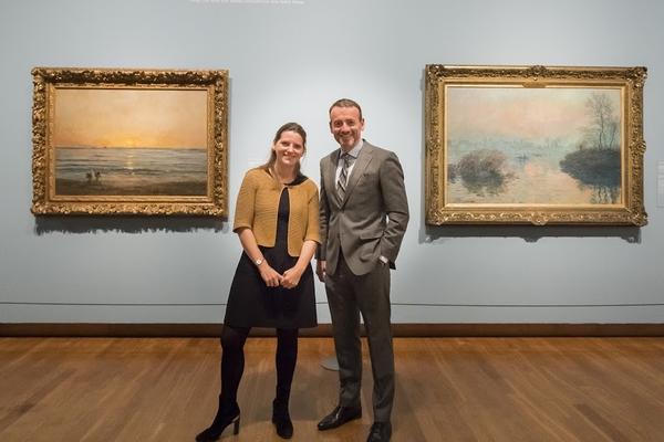 Axel Rüger (director, Van Gogh Museum) and Maite van Dijk (curator) with Daubigny’s Sunset at Villerville (1874) and Monet’s Sunset on the River Seine at Lavacourt, Winter Effect (1880) – two highlights from the exhibition Daubigny, Monet, Van Gogh: Impressions of Landscape