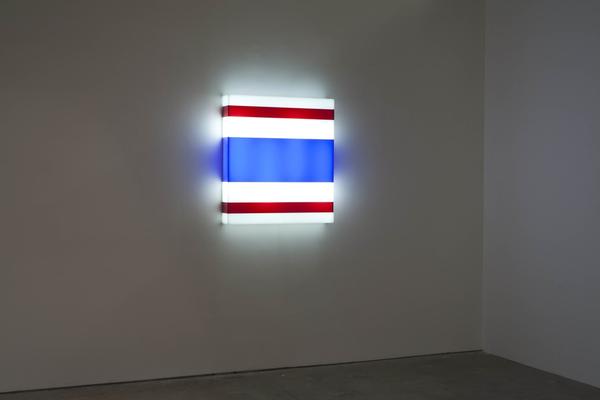 Liz Larner, O.G., 1998.  Colored plexiglass lightbox, unframed.  89.5 x 80.6 cms.  Photo by Oriol Tarridas 