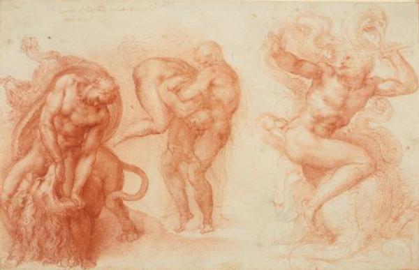 Michelangelo Buonarroti (Italian, 1475–1564).  Studies for the Three Labors of Hercules, ca.  1530.  Red chalk, 10 11/16 x 16 5/8 in.  (27.2 x 42.2 cm).  Royal Collection Trust / © Her Majesty Queen Elizabeth II 2017, www.royalcollection.org.uk