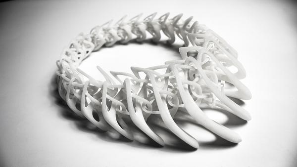 For ACADIA 2014, Jenny Wu will be showing her Tangens necklace from her LACE collection, 3D printed using Stratasys technology.