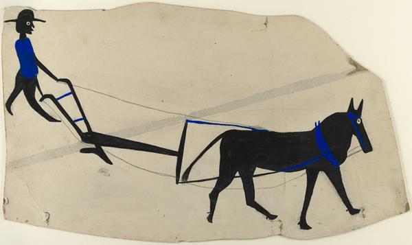 Bill Traylor, Mule and Plow, c.  1939–42.  Poster paint and ink on cardboard.  Harvard Art Museums/Fogg Museum, Collection of Didi and David Barrett ‘71, 2011.64.  Photo: Harvard Art Museums, © 2011 President and Fellows of Harvard College.