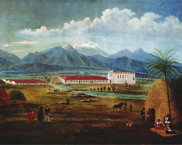 Ferdinand Deppe, San Gabriel Mission .  Oil on canvas.  c.  1832, 27 x 37 in.  Laguna Art Museum.  Part of the exhibition "California Mexicana: Missions to Murals, 1820–1930 " at Laguna Art Museum.  