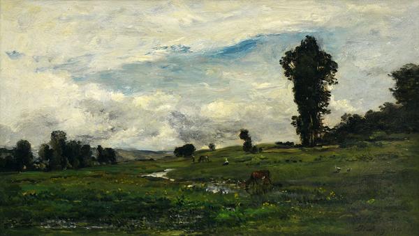 This lovely, yet large, bucolic oil on panel titled, “Figures and Cows in a Country Landscape (1874),” by Charles Daubigny (1817-1878) will be available for $40,000 to $60,000.