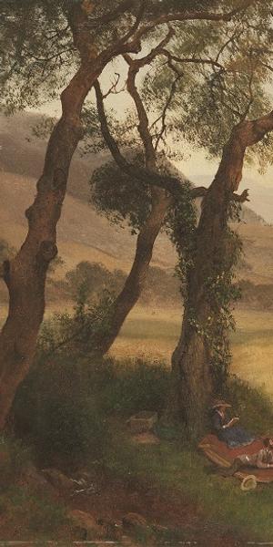 Albert Bierstadt, A Golden Summer Day near Oakland, c.  1873.  Oil on paper on Masonite, 16 9⁄16 × 22 ¼ in., Crocker Art Museum, Judith G.  and Steaven K.  Jones Collection.