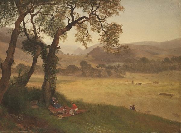 Albert Bierstadt, A Golden Summer Day near Oakland, c.  1873.  Oil on paper on Masonite, 16 9⁄16 × 22 ¼ in., Crocker Art Museum, Judith G.  and Steaven K.  Jones Collection.