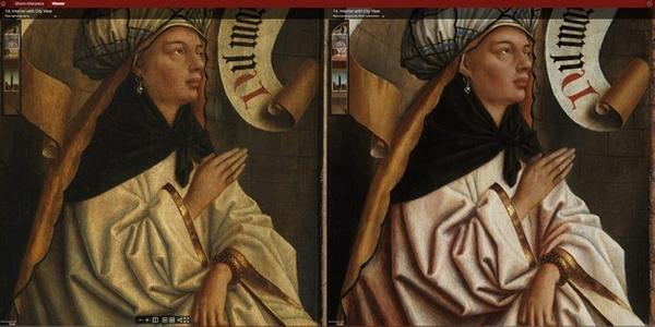 Detail of Erythraean Sibyl, before and after restoration, change of colour