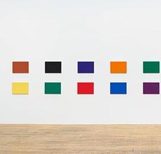 Ellsworth Kelly, Color Panels for a Large Wall II, 1978.  Oil on canvas, eighteen panels.  Overall: 42 1/4 x 370 inches; 107 x 940 cm.